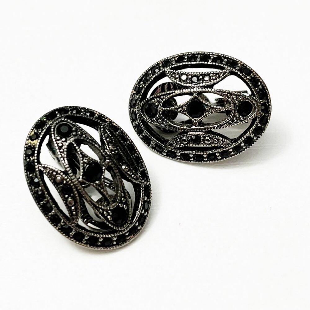 Monet Black Art Deco Style Clip Gunmetal Earrings